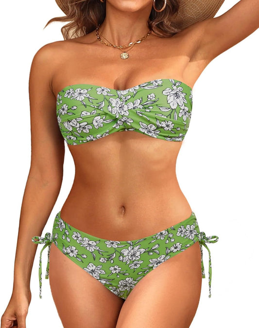 Women's Strapless Bandeau Bikini Set - Twist Front Two Piece Swimsuit Top with Side Tie Bathing Suit Bottom - Seldom Seen Styles