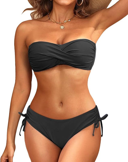 Women's Strapless Bandeau Bikini Set - Twist Front Two Piece Swimsuit Top with Side Tie Bathing Suit Bottom - Seldom Seen Styles