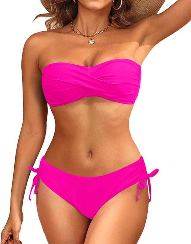 Women's Strapless Bandeau Bikini Set - Twist Front Two Piece Swimsuit Top with Side Tie Bathing Suit Bottom - Seldom Seen Styles