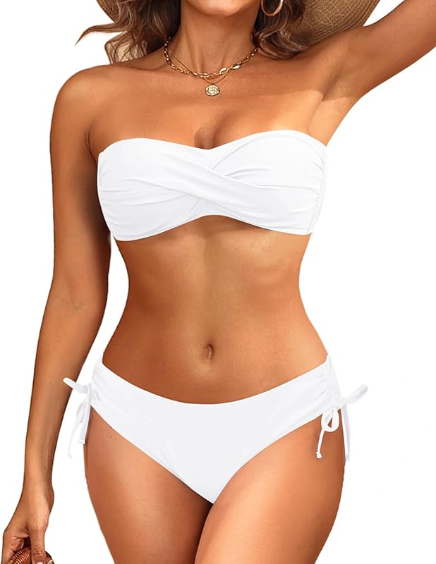 Women's Strapless Bandeau Bikini Set - Twist Front Two Piece Swimsuit Top with Side Tie Bathing Suit Bottom - Seldom Seen Styles