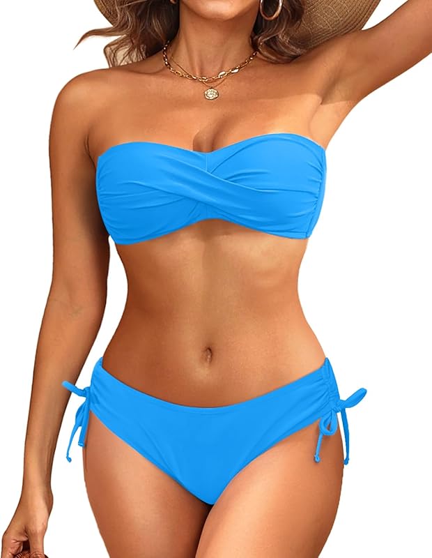Women's Strapless Bandeau Bikini Set - Twist Front Two Piece Swimsuit Top with Side Tie Bathing Suit Bottom - Seldom Seen Styles