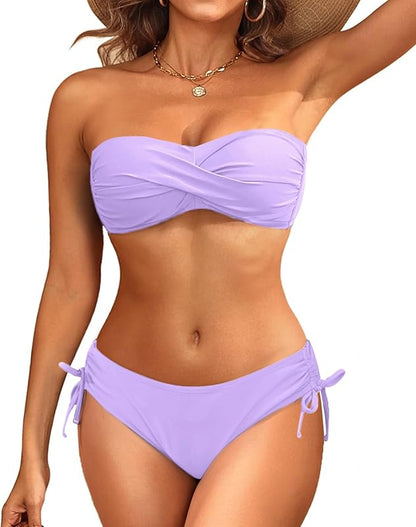 Women's Strapless Bandeau Bikini Set - Twist Front Two Piece Swimsuit Top with Side Tie Bathing Suit Bottom - Seldom Seen Styles