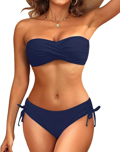 Women's Strapless Bandeau Bikini Set - Twist Front Two Piece Swimsuit Top with Side Tie Bathing Suit Bottom - Seldom Seen Styles