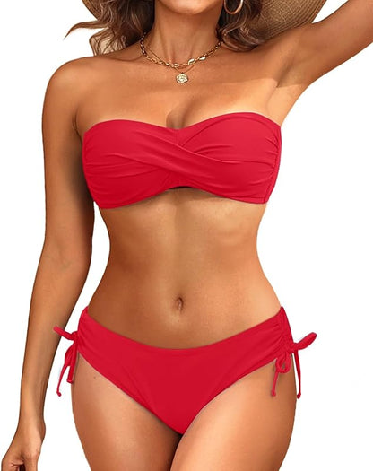 Women's Strapless Bandeau Bikini Set - Twist Front Two Piece Swimsuit Top with Side Tie Bathing Suit Bottom - Seldom Seen Styles