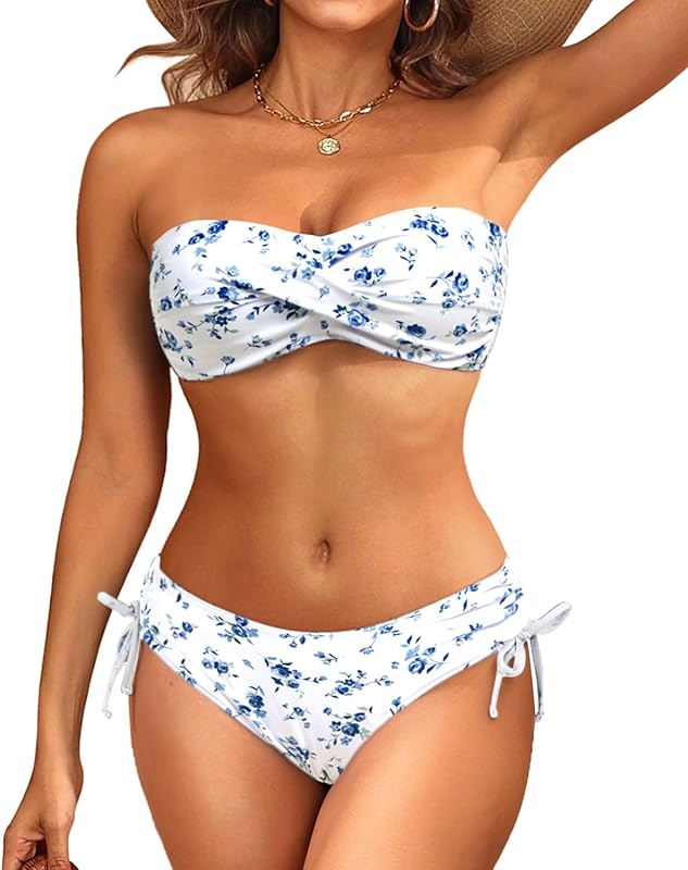 Women's Strapless Bandeau Bikini Set - Twist Front Two Piece Swimsuit Top with Side Tie Bathing Suit Bottom - Seldom Seen Styles