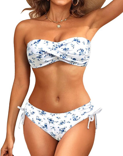 Women's Strapless Bandeau Bikini Set - Twist Front Two Piece Swimsuit Top with Side Tie Bathing Suit Bottom - Seldom Seen Styles
