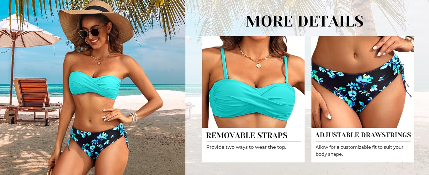 Women's Strapless Bandeau Bikini Set - Twist Front Two Piece Swimsuit Top with Side Tie Bathing Suit Bottom - Seldom Seen Styles