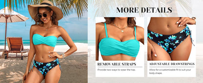 Women's Strapless Bandeau Bikini Set - Twist Front Two Piece Swimsuit Top with Side Tie Bathing Suit Bottom - Seldom Seen Styles