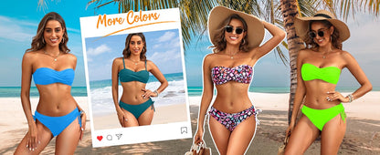 Women's Strapless Bandeau Bikini Set - Twist Front Two Piece Swimsuit Top with Side Tie Bathing Suit Bottom - Seldom Seen Styles