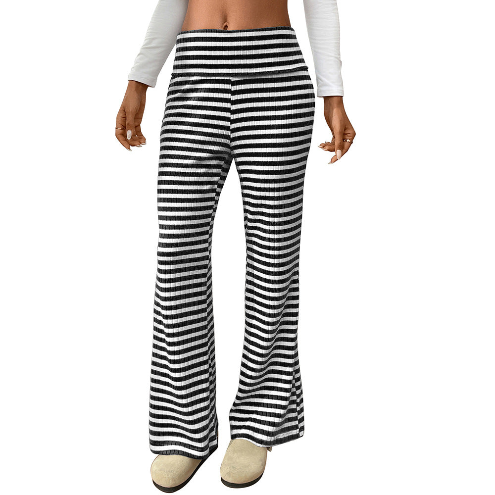 Women's Striped Flare Leg Pants Low Rise Fold Over Waist Casual Long Pants Trousers - Seldom Seen Styles
