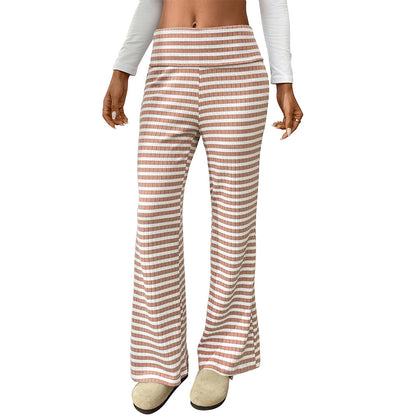 Women's Striped Flare Leg Pants Low Rise Fold Over Waist Casual Long Pants Trousers - Seldom Seen Styles