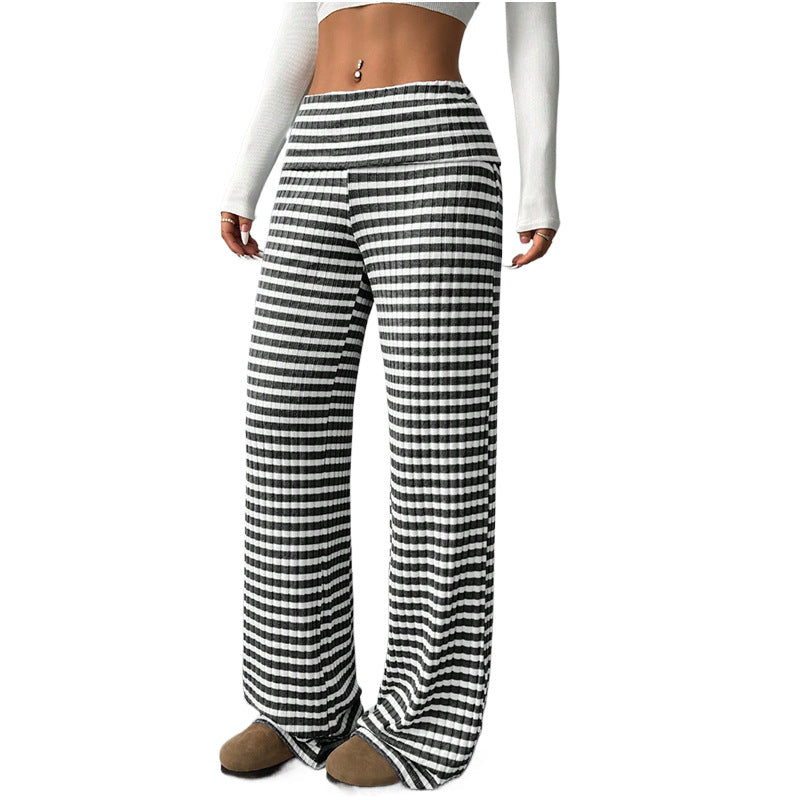 Women's Striped Flare Leg Pants Low Rise Fold Over Waist Casual Long Pants Trousers - Seldom Seen Styles