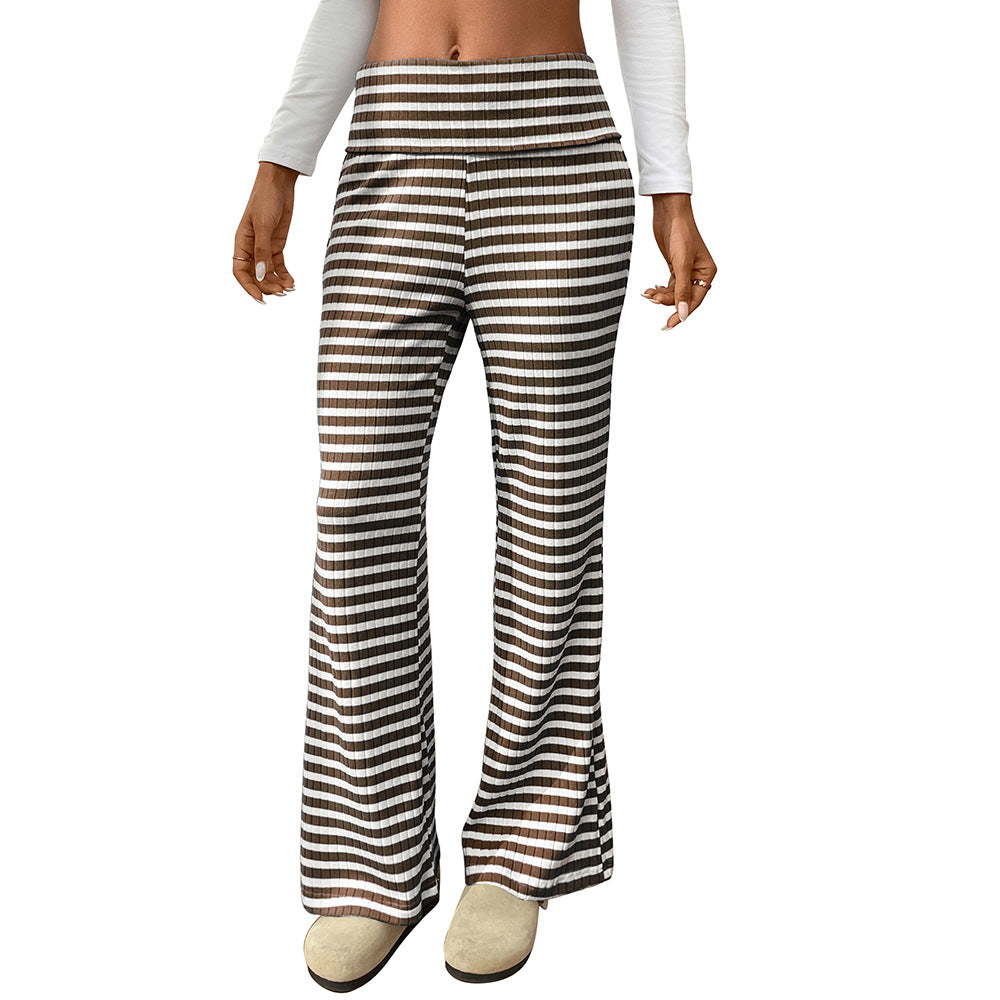 Women's Striped Flare Leg Pants Low Rise Fold Over Waist Casual Long Pants Trousers - Seldom Seen Styles