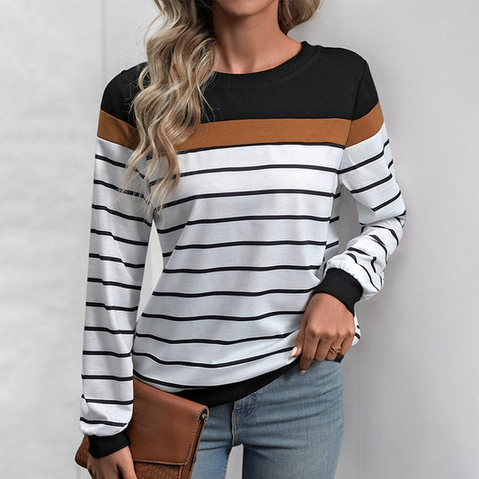 Women's Striped Print Long Sleeve Round Neck Tee Top Colorblock Soft Knit T Shirt - Seldom Seen Styles