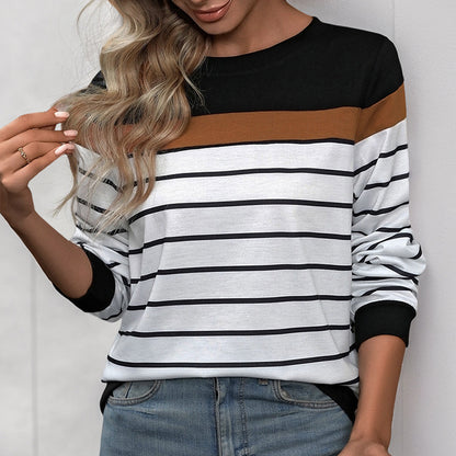 Women's Striped Print Long Sleeve Round Neck Tee Top Colorblock Soft Knit T Shirt - Seldom Seen Styles