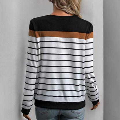 Women's Striped Print Long Sleeve Round Neck Tee Top Colorblock Soft Knit T Shirt - Seldom Seen Styles