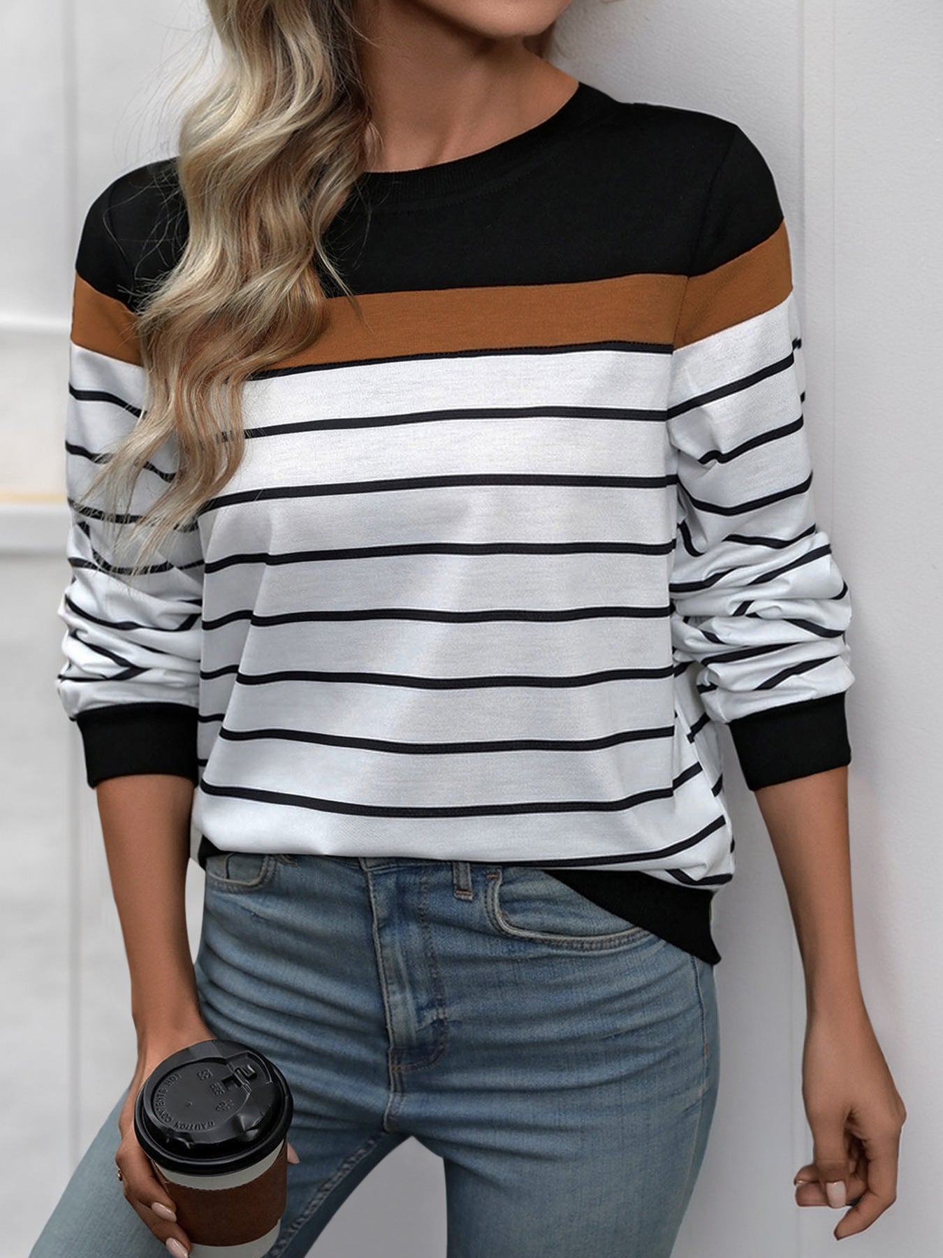 Women's Striped Print Long Sleeve Round Neck Tee Top Colorblock Soft Knit T Shirt - Seldom Seen Styles