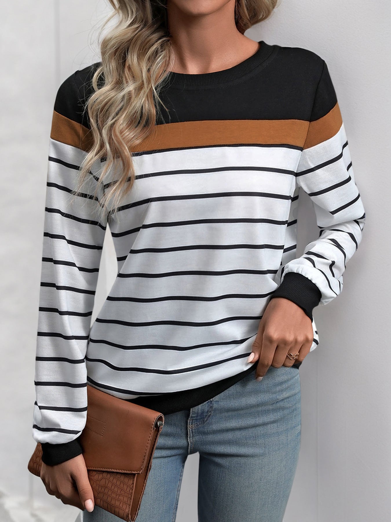 Women's Striped Print Long Sleeve Round Neck Tee Top Colorblock Soft Knit T Shirt - Seldom Seen Styles