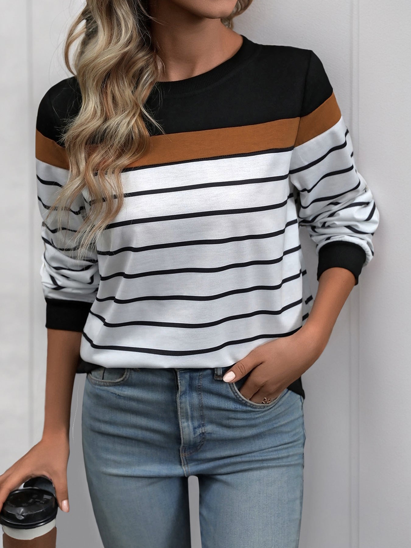 Women's Striped Print Long Sleeve Round Neck Tee Top Colorblock Soft Knit T Shirt - Seldom Seen Styles