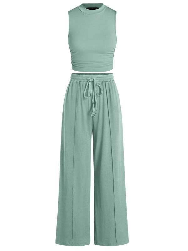 Women's Summer 2-Piece Outfits - Ribbed Knit Crew Neck Sleeveless Cropped Top & Wide Leg Pants Lounge Set #Outdoorfun - Seldom Seen Styles