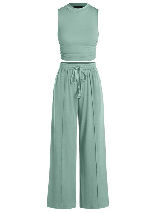 Women's Summer 2-Piece Outfits - Ribbed Knit Crew Neck Sleeveless Cropped Top & Wide Leg Pants Lounge Set #Outdoorfun - Seldom Seen Styles