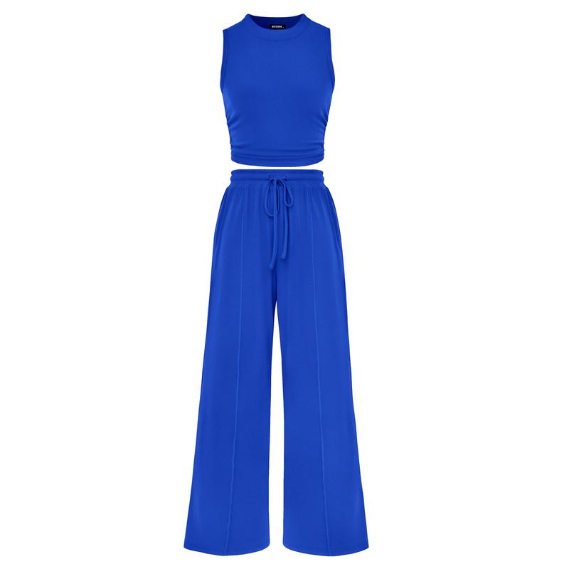 Women's Summer 2-Piece Outfits - Ribbed Knit Crew Neck Sleeveless Cropped Top & Wide Leg Pants Lounge Set #Outdoorfun - Seldom Seen Styles