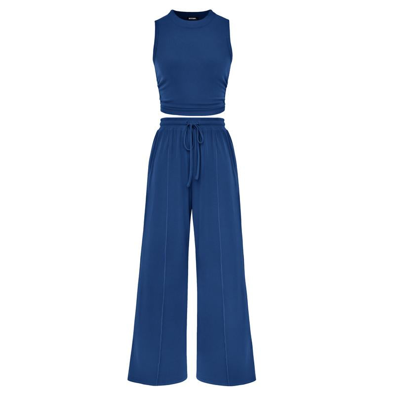 Women's Summer 2-Piece Outfits - Ribbed Knit Crew Neck Sleeveless Cropped Top & Wide Leg Pants Lounge Set #Outdoorfun - Seldom Seen Styles