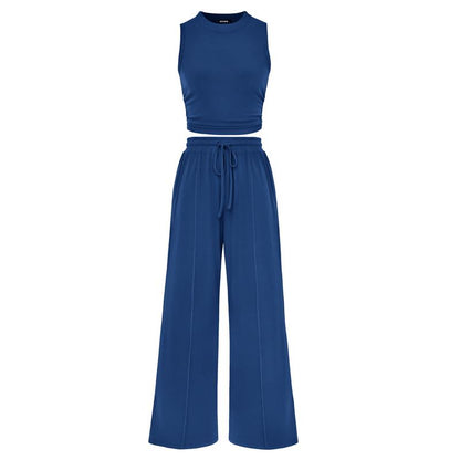 Women's Summer 2-Piece Outfits - Ribbed Knit Crew Neck Sleeveless Cropped Top & Wide Leg Pants Lounge Set #Outdoorfun - Seldom Seen Styles