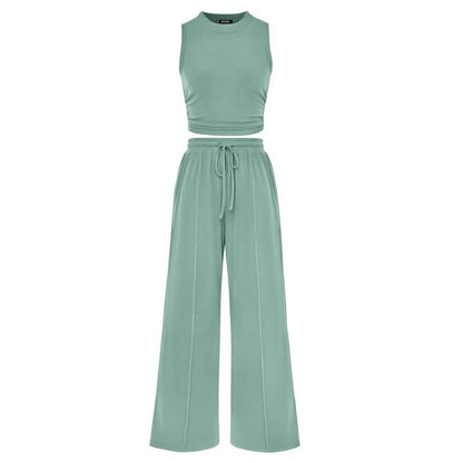 Women's Summer 2-Piece Outfits - Ribbed Knit Crew Neck Sleeveless Cropped Top & Wide Leg Pants Lounge Set #Outdoorfun - Seldom Seen Styles