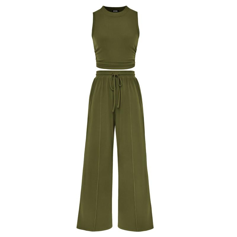 Women's Summer 2-Piece Outfits - Ribbed Knit Crew Neck Sleeveless Cropped Top & Wide Leg Pants Lounge Set #Outdoorfun - Seldom Seen Styles
