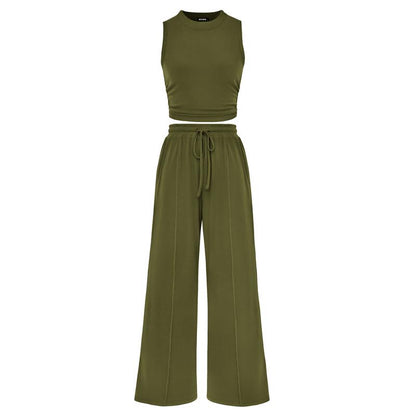 Women's Summer 2-Piece Outfits - Ribbed Knit Crew Neck Sleeveless Cropped Top & Wide Leg Pants Lounge Set #Outdoorfun - Seldom Seen Styles
