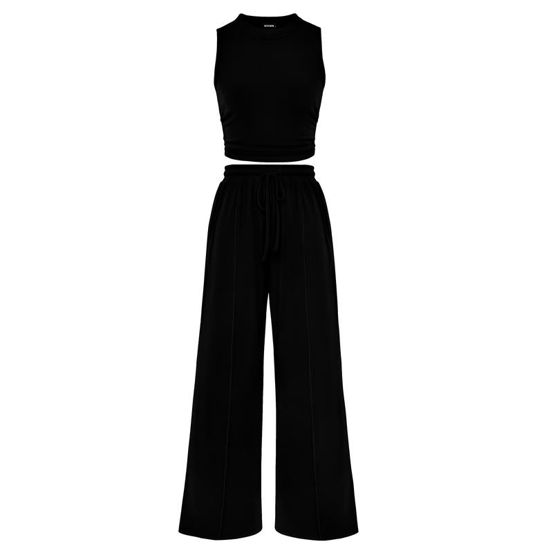 Women's Summer 2-Piece Outfits - Ribbed Knit Crew Neck Sleeveless Cropped Top & Wide Leg Pants Lounge Set #Outdoorfun - Seldom Seen Styles