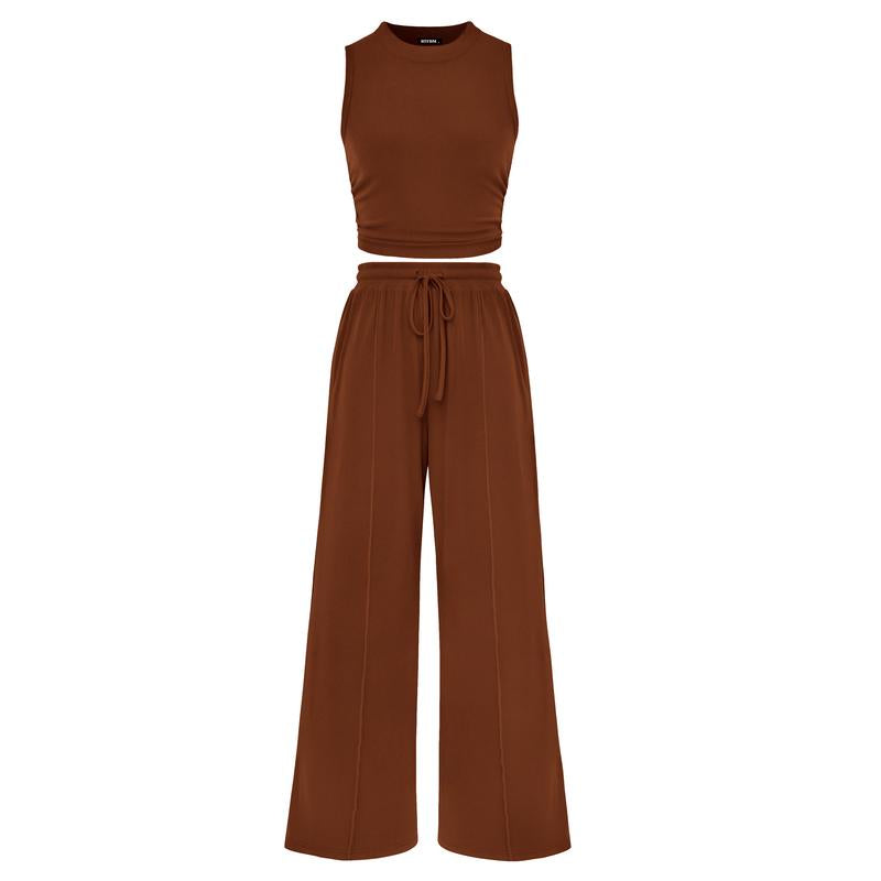 Women's Summer 2-Piece Outfits - Ribbed Knit Crew Neck Sleeveless Cropped Top & Wide Leg Pants Lounge Set #Outdoorfun - Seldom Seen Styles