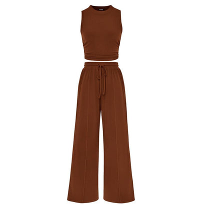 Women's Summer 2-Piece Outfits - Ribbed Knit Crew Neck Sleeveless Cropped Top & Wide Leg Pants Lounge Set #Outdoorfun - Seldom Seen Styles