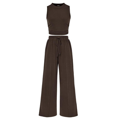 Women's Summer 2-Piece Outfits - Ribbed Knit Crew Neck Sleeveless Cropped Top & Wide Leg Pants Lounge Set #Outdoorfun - Seldom Seen Styles