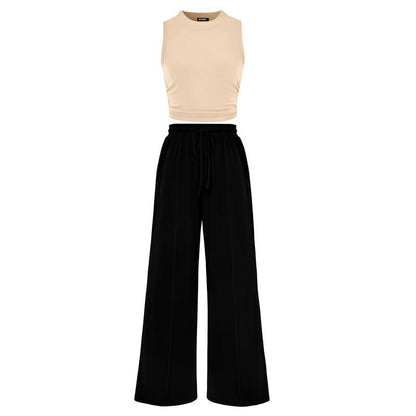 Women's Summer 2-Piece Outfits - Ribbed Knit Crew Neck Sleeveless Cropped Top & Wide Leg Pants Lounge Set #Outdoorfun - Seldom Seen Styles