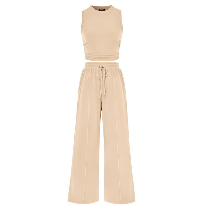 Women's Summer 2-Piece Outfits - Ribbed Knit Crew Neck Sleeveless Cropped Top & Wide Leg Pants Lounge Set #Outdoorfun - Seldom Seen Styles