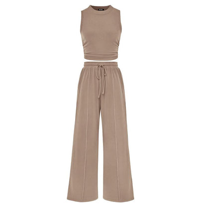 Women's Summer 2-Piece Outfits - Ribbed Knit Crew Neck Sleeveless Cropped Top & Wide Leg Pants Lounge Set #Outdoorfun - Seldom Seen Styles