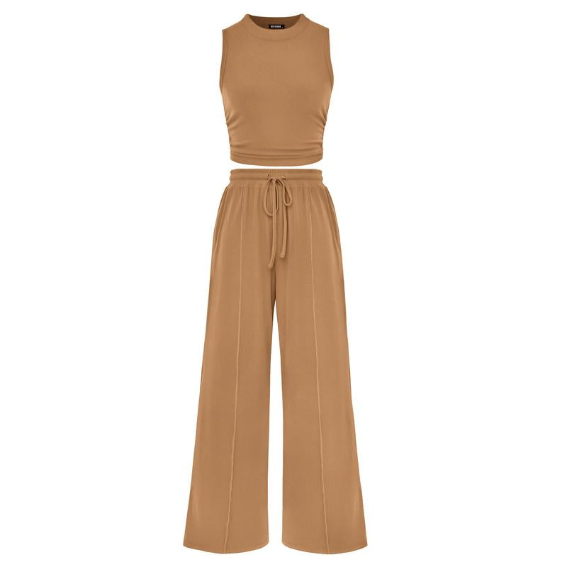 Women's Summer 2-Piece Outfits - Ribbed Knit Crew Neck Sleeveless Cropped Top & Wide Leg Pants Lounge Set #Outdoorfun - Seldom Seen Styles