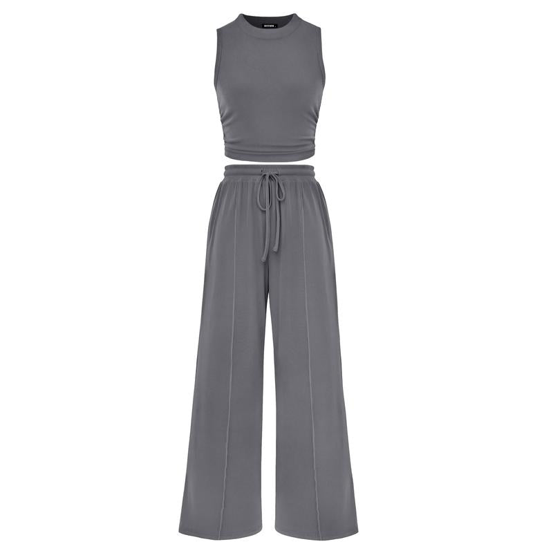 Women's Summer 2-Piece Outfits - Ribbed Knit Crew Neck Sleeveless Cropped Top & Wide Leg Pants Lounge Set #Outdoorfun - Seldom Seen Styles