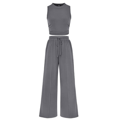 Women's Summer 2-Piece Outfits - Ribbed Knit Crew Neck Sleeveless Cropped Top & Wide Leg Pants Lounge Set #Outdoorfun - Seldom Seen Styles