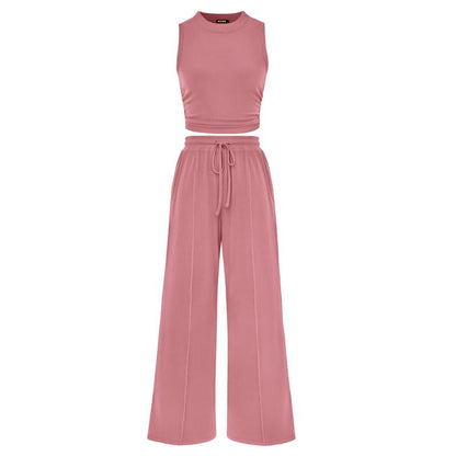 Women's Summer 2-Piece Outfits - Ribbed Knit Crew Neck Sleeveless Cropped Top & Wide Leg Pants Lounge Set #Outdoorfun - Seldom Seen Styles