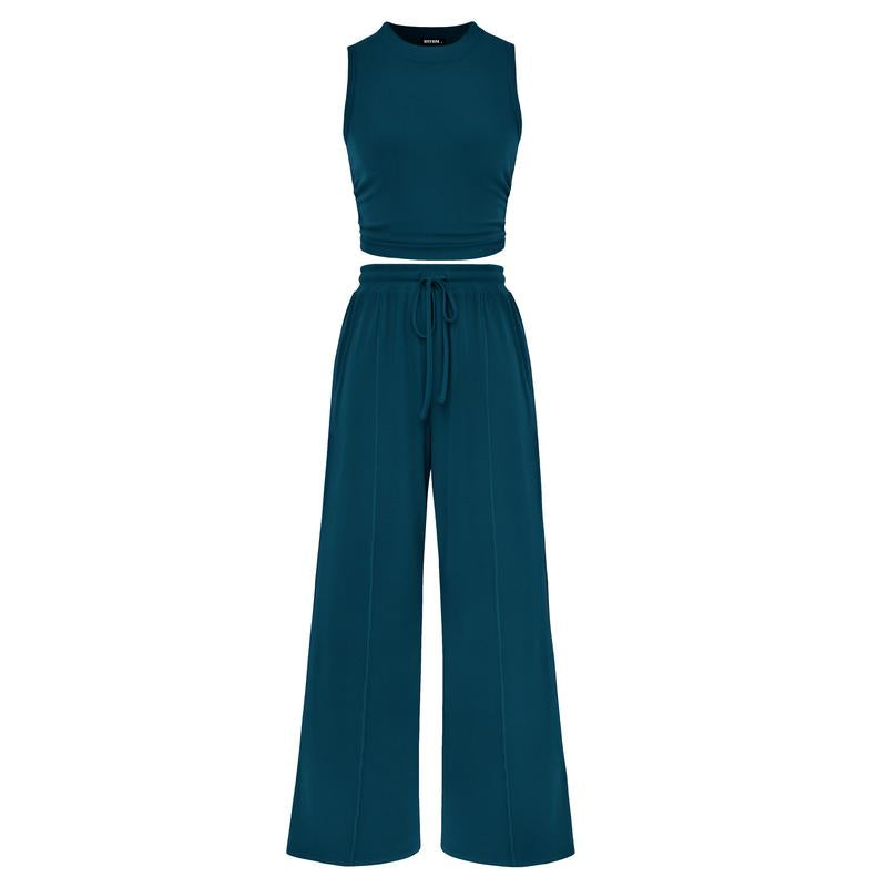 Women's Summer 2-Piece Outfits - Ribbed Knit Crew Neck Sleeveless Cropped Top & Wide Leg Pants Lounge Set #Outdoorfun - Seldom Seen Styles