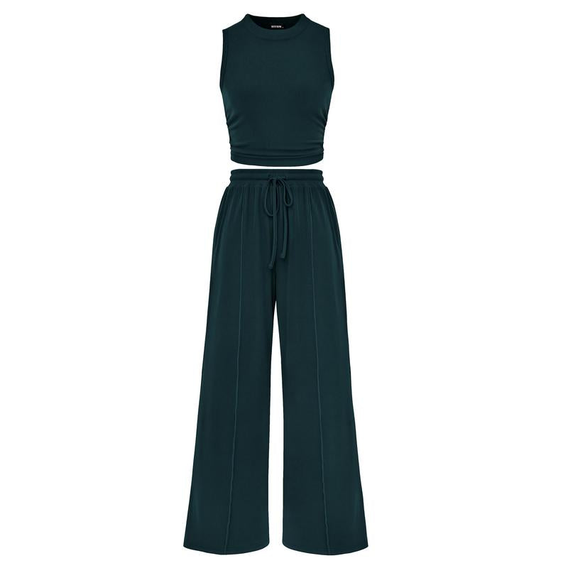 Women's Summer 2-Piece Outfits - Ribbed Knit Crew Neck Sleeveless Cropped Top & Wide Leg Pants Lounge Set #Outdoorfun - Seldom Seen Styles