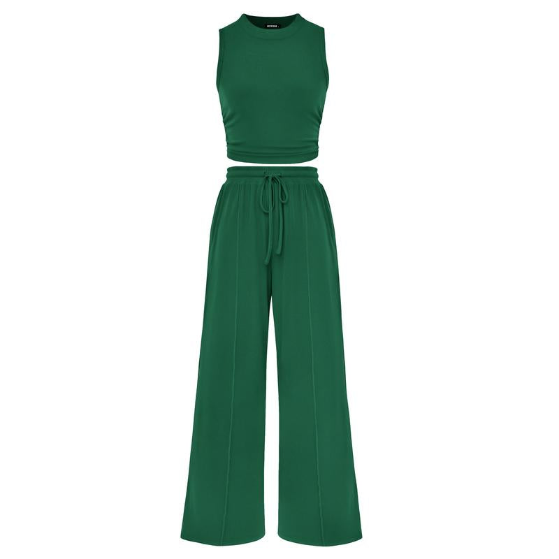 Women's Summer 2-Piece Outfits - Ribbed Knit Crew Neck Sleeveless Cropped Top & Wide Leg Pants Lounge Set #Outdoorfun - Seldom Seen Styles