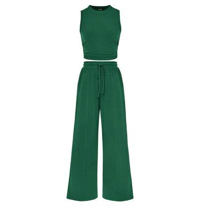 Women's Summer 2-Piece Outfits - Ribbed Knit Crew Neck Sleeveless Cropped Top & Wide Leg Pants Lounge Set #Outdoorfun - Seldom Seen Styles