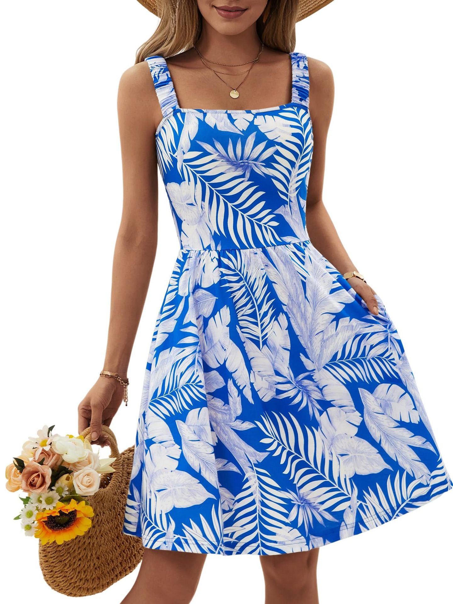 Women's Summer Casual Square Neck Dress with Pocket Cute Sleeveless High Waist A-line Sundress Midi Dresses - Seldom Seen Styles