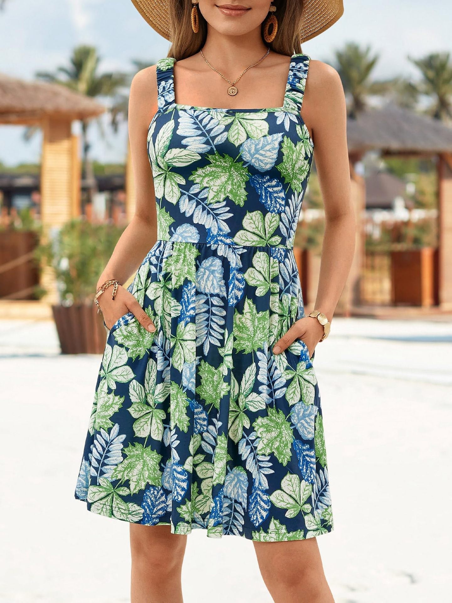 Women's Summer Casual Square Neck Dress with Pocket Cute Sleeveless High Waist A-line Sundress Midi Dresses - Seldom Seen Styles