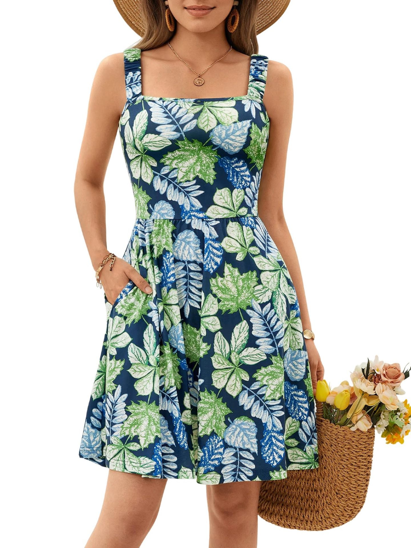 Women's Summer Casual Square Neck Dress with Pocket Cute Sleeveless High Waist A-line Sundress Midi Dresses - Seldom Seen Styles