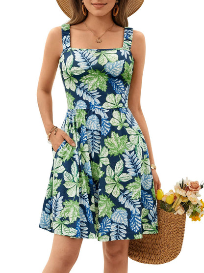 Women's Summer Casual Square Neck Dress with Pocket Cute Sleeveless High Waist A-line Sundress Midi Dresses - Seldom Seen Styles